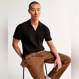 Abercrombie & Fitch Plisse Pleated Johnny Collar Sweater Polo Black Size XL